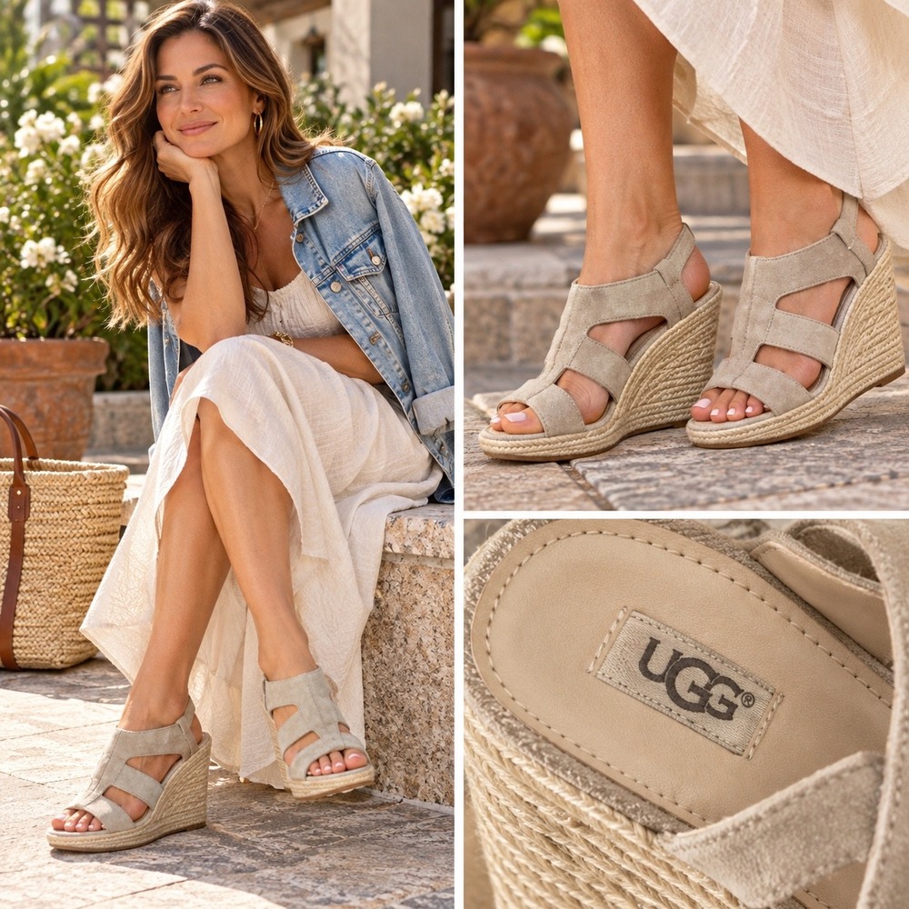UGG Lucianna Marrakesh Cream Suede Espadrille Wedge Sandals 1000404 Womens 9